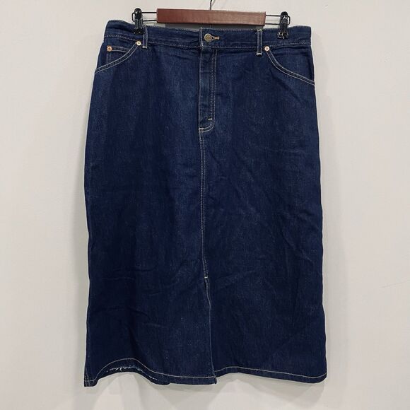 VTG LEE Jean Skirt 90s Women Size 18 Denim Midi Modest USA Pockets Retro Prairie - Picture 2 of 16